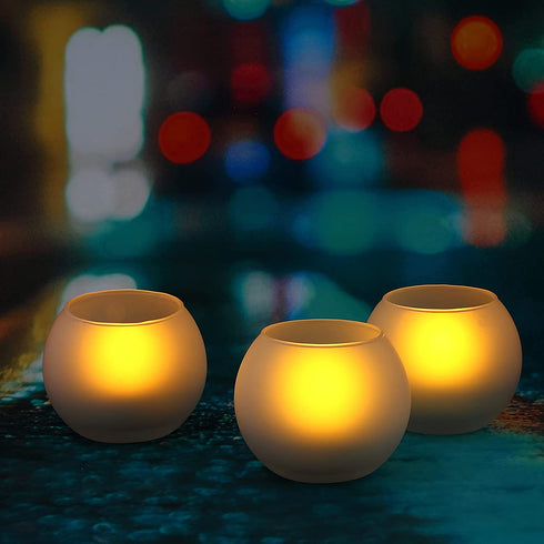 Battery Operated Flameless LED Candles with Remote Timer Flickering Realistic Electric Big Tea Lights with Ball Shape Frosted Glass Holder for Wedding Party Christmas Centerpiece Fireplace Decor 3Pack