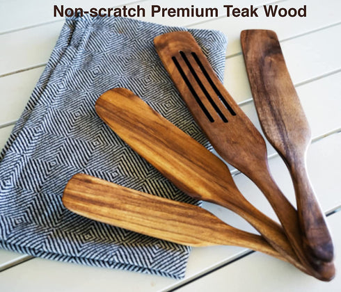 Wooden Spurtle Set, Teak Spurtles Kitchen Tools, Wooden Spatula for Cooking, Wood Utensils Set of 4, Non Stick Cookware for Serving, Stirring, Mixing, Scraping, Scooping, Healthy and Heat Resistant.