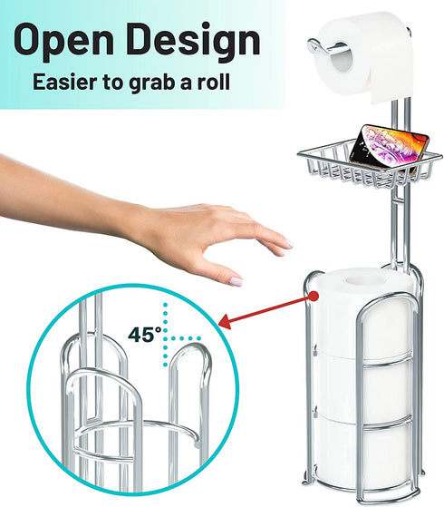 Toilet Paper Holder Stand with Reserve and Dispenser for 4 Mega Rolls, Bathroom Freestanding Toilet Tissue Paper Roll Storage with Cell Phone Shelf, Chrome