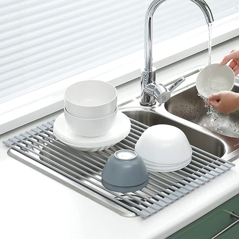 Roll Up Dish Drying Rack (17.3''X13''), Silicone Wrapped Steel Rods, Anti-Slip, Anti-Rust, Strong, Heat Resistant, Over The Sink Multipurpose Dish Drying Racks