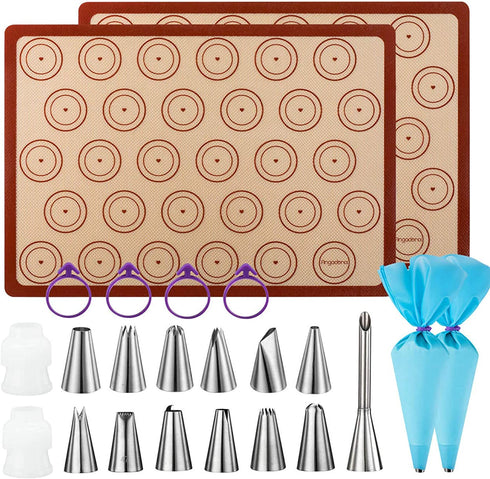 Macaron Baking Kit Silicone Mat - (23pcs set) 2 Half Sheet Macaron Silicone Mat,12 Piping Tip,2 Piping Bag with 4 Bag Tie,2 coupler,1 Puff Nozzle Tip (11.6"x16.5") (Blue)