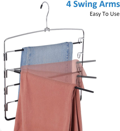 Pants Hangers 4 Pieces, Swing Arm Trousers Hanger, Space Saving Pants Rack, 5 Layers Jeans Hangers with Non-Slip, Multiple Pants Hanger Closet Organizer for Trousers Scarves Ties