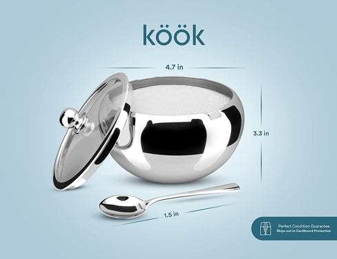 Kook Stainless Steel Sugar Bowl with Lid and Spoon, Serving Dish, Clear Glass Lid, Storage for Salt, Candy, Coffee, Holds 2 Cups, Dishwasher Safe, 16 oz