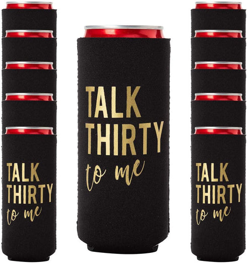 Talk Thirty To Me Can Coolers, 30th Birthday Party Coolies, Set of 12, Black/White/Pink and Gold Thirtieth Birthday Cup Coolers, Perfect for Birthday Parties, Birthday Decorations (Black, Slim)