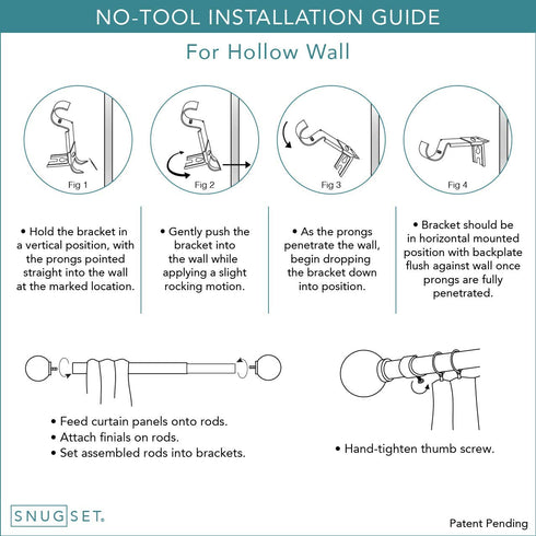 SnugSet | Ultra Sturdy Steel Rod | 4 Brackets for Additional Support | Quick Easy Install | Patented Hardware w/ No Tools Option | 1" Wide Rod | Supports Heavy Fabrics | Black Ball Finial | 72" - 144"