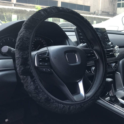 KAFEEK Elastic Long Microfiber Plush Steering Wheel Cover for Winter Warm , Universal 15 inch, Anti-Slip, Odorless, Black