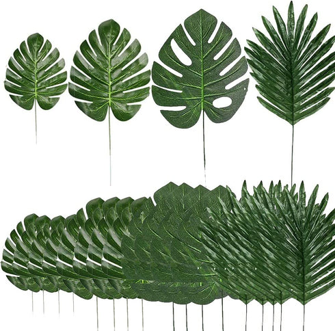 rubzdeco 80 Pcs 4 Kind Palm Leaves Artificial Faux Leaf with Stem for Tropical Jungle Safari Theme Birthday Beach Baby Shower Wedding Decoration Luau Hawaiian Supplies