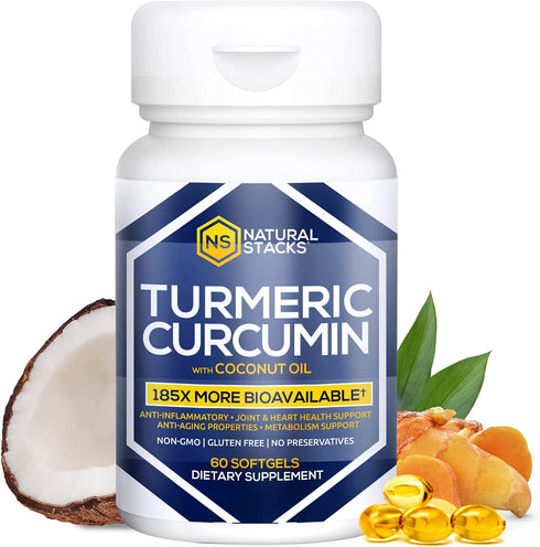 NATURAL STACKS Turmeric Curcumin 60 ct. - 185x More Bioavailable Liquid Soft Gel - Supports Healthy Joints, Brain Function and Inflammation Response - 100mg Organic Coconut Oil for Rapid Absorption