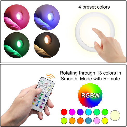 HFCDL LED Puck Lights with Remote Control, 50lm Wireless RGBW Color Changing Closet Battery Light, 13 Colors Stick-on Under Cabinet Lighting, with Dimmable Function ?6-Pack?