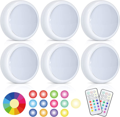 HFCDL LED Puck Lights with Remote Control, 50lm Wireless RGBW Color Changing Closet Battery Light, 13 Colors Stick-on Under Cabinet Lighting, with Dimmable Function ?6-Pack?