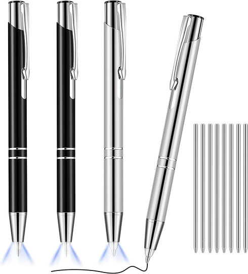 4 Pieces Lighted Tip Pen Metal Ballpoint Pen with Light LED Lighted Pen Black Ink Writing Pen with 8 Pieces Pen Refills for Writing in the Dark