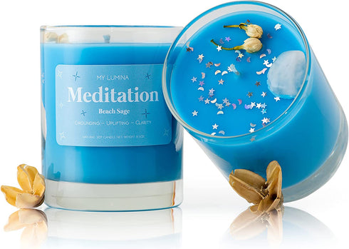 My Lumina Meditation Aromatherapy Candle w/ Clear Quartz Crystal Inside, Beach Sage Relaxing Calming Positive Peace Energy, Soy Wax Blue Scented Candle for Home,Bath,Bathroom,Yoga,Self Care,Gift,Women