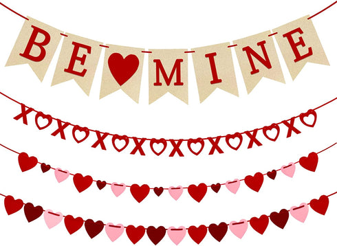 4Pcs Valentines Day Decorations Valentine's Day Decor Set No DIY Required Felt BE MINE Love Heart XO Garlands Banner for Home Classroom Office Wedding Party Anniversary