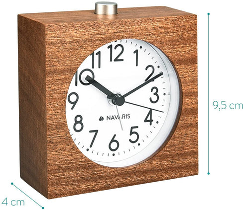 Navaris Wood Analog Alarm Clock - Square Battery-Operated Non-Ticking Clock with Snooze Button and Light - Dark Brown