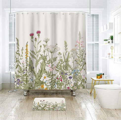 Riyidecor Fabric Wildflower Botanical Shower Curtain for Bathroom Decor 72Wx72H Inch Floral Flower Plant Herbs Green Leaves Decorative Bath Set Bathroom Accessories Polyester Waterproof 12 Pack Hooks