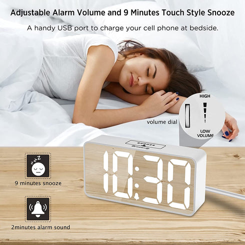 DreamSky Digital Alarm Clock with USB Charger for Bedroom Electric Clock with Large LED Display, 0-100% Brightness Dimmer, Adjustable Alarm Volume, 12/24H, Snooze, Bedside Mirror Clock Office
