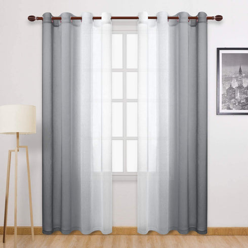 DWCN Grey Faux Linen Ombre Sheer Curtains - Semi Voile Gradient Grommet Top Curtains for Bedroom and Living Room, Set of 2 Window Curtain Panels, 52 x 90 Inches Long