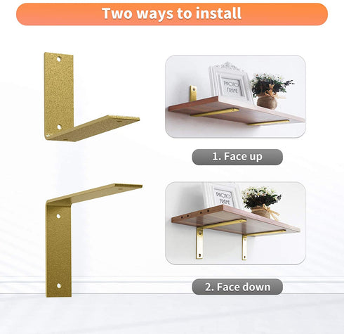 Gold Heavy Duty Shelf Brackets 6 x 4 Inch, Rustic Gold Iron L Shelf Bracket, Industrial Modern Metal Floating Shelf with Hardware for DIY Open Shelving, 4 Pack