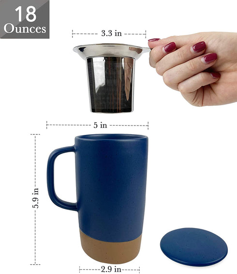Mora Ceramics Large Tea Mug with Loose Leaf Infuser and Ceramic Lid, 18 oz, Portable, Microwave and Dishwasher Safe, Tall Coffee Cup - Rustic Matte Ceramic Glaze, Modern Herbal Tea Strainer, Deep Blue
