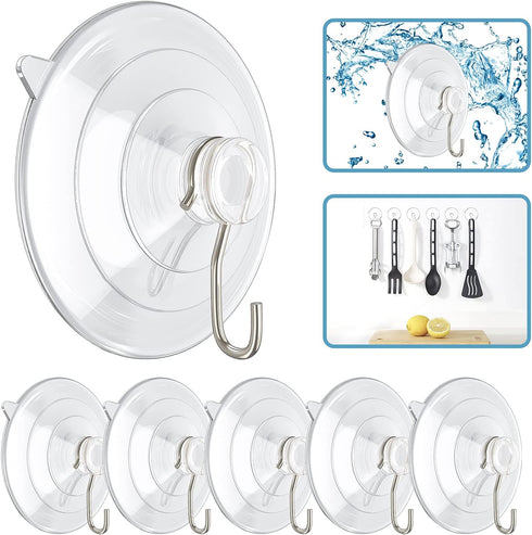 Znben Suction Cup Hooks, 2.5 Inches Clear Large Suction Cups with Metal Hooks 7 LB Reusable Heavy Duty Suction Cups for Kitchen Bathroom Shower Wall Window Glass Door - 6 Pack