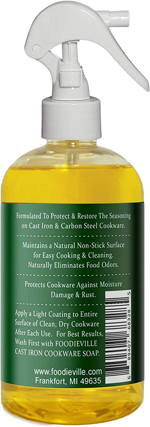 Creation Farm Foodieville Cast Iron Oil Non-stick Conditioner for Seasoning Skillets, Griddles, Flat Top Grills, and more with Oils of Flax, Sesame, and MCT, 12 fl. oz. Sprayer included