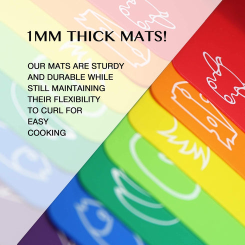 Cutting Board Mats Flexible Plastic Colored Mats With Food Icons, Fotouzy BPA-Free, Non-Porous, Anti-skid back and Dishwasher Safe, Set of 7+1