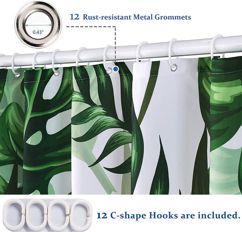 SOFJAGETQ Tropical Banana Leaves Digital Printing Fabric Shower Curtain for Bathroom, White Green Fall Shower Curtain Set, 72 x 72 inches Long, with Free Hooks
