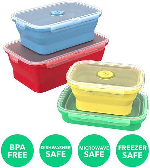 Vremi Silicone Food Storage Containers with BPA Free Airtight Plastic Lids - Set of 4 Small and Large Collapsible Meal Prep Container for Kitchen Lunch Boxes - Microwave and Freezer Safe