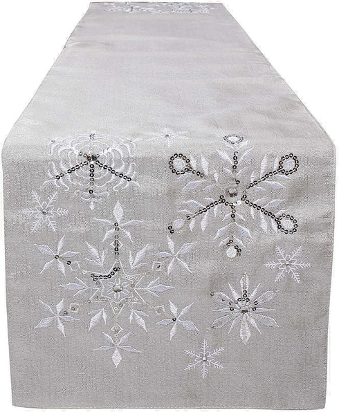 OWENIE Christmas Table Runners, Snowflake Silver Grey Table Runner, Xmas Holiday Tabletop Decor, Embroidery Table Centerpieces with Sequins and Diamonds, Glittering Winter Home Decorations, 14X70 Inch