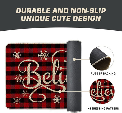 Artoid Mode Buffalo Plaid Snowflake Believe Decorative Doormat, Seasonal Winter Christmas Holiday Low-Profile Floor Mat Switch Mat for Indoor Outdoor 17 x 29 Inch