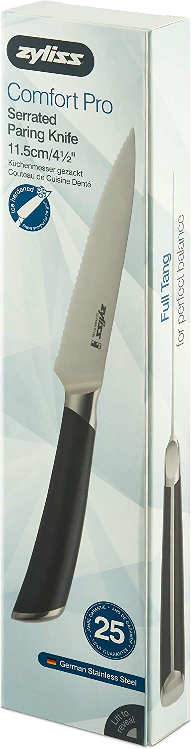 Zyliss Comfort Pro 4.5" Serrated Paring Knife - Ice Hardened German Steel Kitchen Cutlery , Black/Stainless Steel
