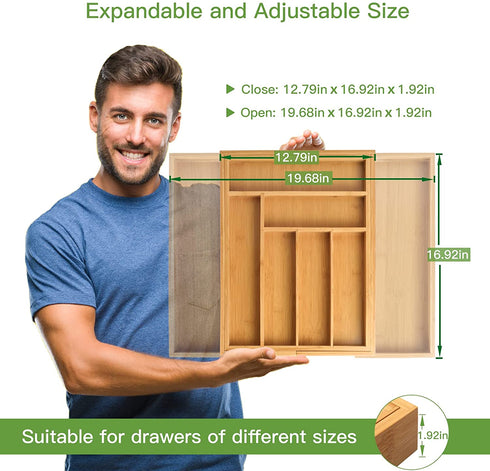 Bamboo Expandable Drawer Organizer for Utensils Holder, Adjustable Cutlery Tray, Wood Drawer Dividers Organizer for Silverware, Flatware, Knives in Kitchen, Bedroom, Living Room by Pipishell