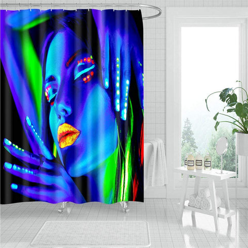 Fangkun Shower Curtain Art Bathroom Blue Decor Set - Polyester Fabric Cool Beautiful Girl with Fluorescent Lights Design Bath Curtains - 12pcs Shower Hooks - 72 x 72 inches