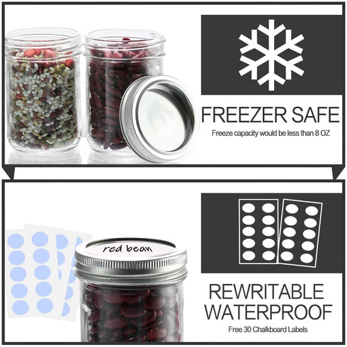 KAMOTA Mason Jars, 8 oz Glass Jars With Regular Lids and Bands, Ideal for Jam, Honey, Wedding Favors, Shower Favors, Baby Foods, DIY Magnetic Spice Jars, 24 PACK, Extra 24 Lids & 30 Whiteboard Labels