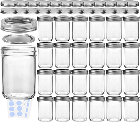 KAMOTA Mason Jars, 8 oz Glass Jars With Regular Lids and Bands, Ideal for Jam, Honey, Wedding Favors, Shower Favors, Baby Foods, DIY Magnetic Spice Jars, 24 PACK, Extra 24 Lids & 30 Whiteboard Labels