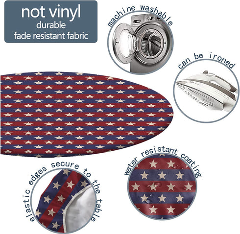 ousente American Flag Fitted Tablecloths, Elastic Edged Polyester Backed Table Cover for 28' Round Tables, Waterproof Wipeable Patriotic Star Cloth 4th of July Holiday Decoration, Red Blue White