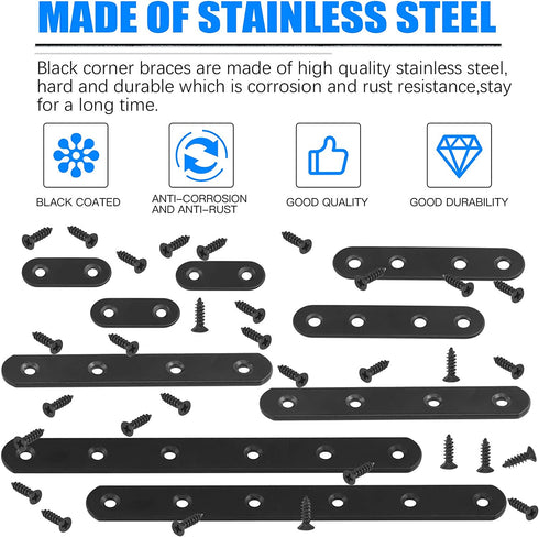 Glarks 110Pcs 20Pcs 40mm 80mm 130mm 200mm Flat Straight Corner Brace Black Metal Joint Plate Connector Repair Fixing Bracket with Mounting Screws Set for Wood Furniture