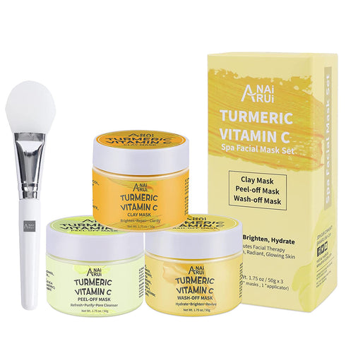 ANAI RUI Turmeric Vitamin C Facial Mask 3-in-1 Travel Mini Kit - Clay Mask, Peel Off Mask, Wash-Off Cream Mask, for Acne & Dark Spots, Oily Skin, Facial Spa Treatment 1.75 oz × 3 ea