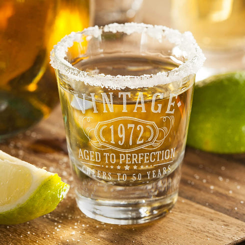 2pk Vintage 1972 Etched 2oz Shot Glasses - 50th Birthday Aged to Perfection - 50 years old gifts