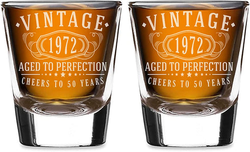 2pk Vintage 1972 Etched 2oz Shot Glasses - 50th Birthday Aged to Perfection - 50 years old gifts