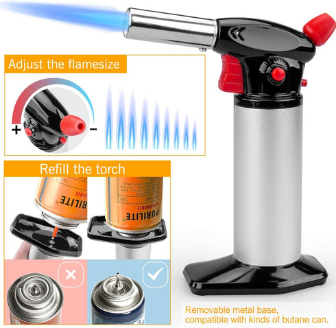 Cooking Torch Lighter, Tintec Chef Culinary Blow Torch Large Capacity, Butane Refillable, Flame Adjustable (MAX 2500°F) with Safety Lock for Cooking, BBQ, Baking, Brulee, Creme, DIY Soldering& more