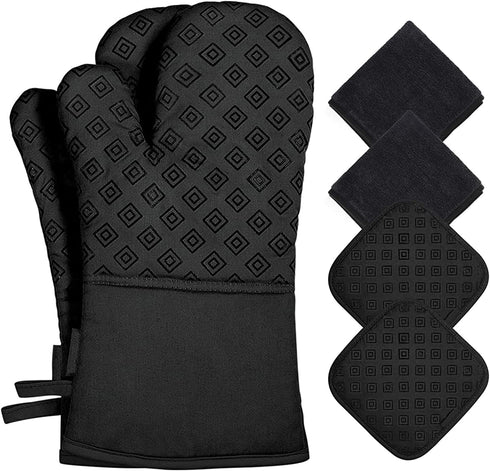 Oven Mitts and Pot Holders Kitchen: 500„‰ Heat Resistant Oven Gloves with Kitchen Towels Silicone Ovenmitts Hotpads Set - Quilted Long Kitchen Mittens Potholders Washable Mits Hot Pads for Baking