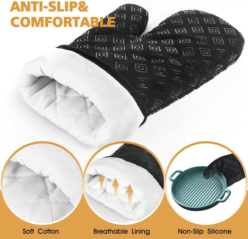 Oven Mitts and Pot Holders Kitchen: 500„‰ Heat Resistant Oven Gloves with Kitchen Towels Silicone Ovenmitts Hotpads Set - Quilted Long Kitchen Mittens Potholders Washable Mits Hot Pads for Baking