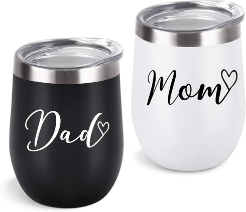 Mom and Dad Wine Tumbler Set, Funny Christmas Gifts for New Parents New Pregnancy New Dad New Mom Anniversary Birthday, Stainless Steel Insulated Wine Tumbler with Lid(12oz, Black and White)