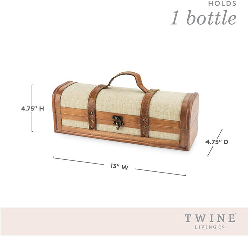 Twine Vintage Trunk Bottle Gift Wine Box with Lid and Handle Wood, Faux Leather, Brass Accents, Cloth, 1