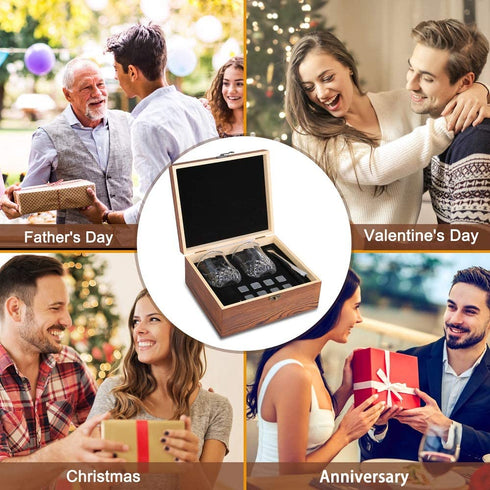 Whisky Glass Set for Men, Elegant Whisky Stones Set Included 8 Granite Whisky Rocks Chilling Stones and 2 Whisky Glasses, Nice Gift for Fathers Day, Valentine's Day and Anniversary