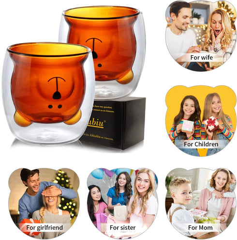Aibiubiu Cute Bear Tea Cup Double Wall Insulated Glasses Tea Cup Bear Beer Mugs Coffee Mug Couple Glass Mugs Birthday Gifts Interesting Gifts(2Pcs Brown Bear)