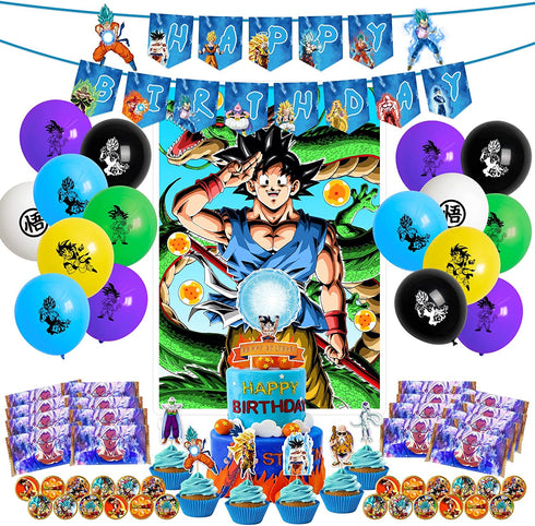 Birthday Party Decorations, 85 Pcs Party Supplies - Backdrop, Banner, Balloon, Cupcake Toppers, Stickers for Anime Themed Party