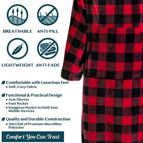 PAVILIA Fleece Blanket with Sleeves and Foot Pockets for Women Men Adult, Wearable Blanket Throw Wrap, Warm Cozy Extra Soft Sleep Hug Blanket with Feet, Gift for Women Mom (Checkered Red)