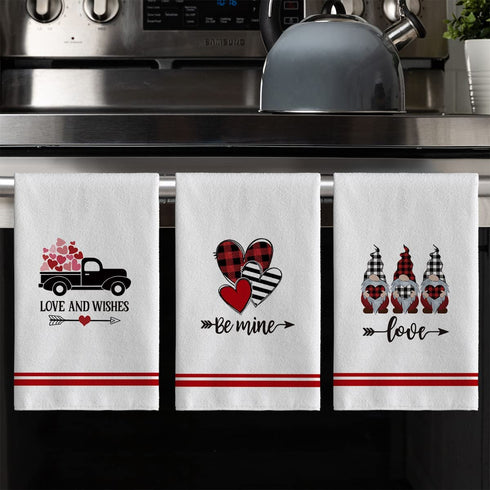 Artoid Mode Love Heart Gnome Kitchen Dish Towels, 18 x 26 Inch Seasonal Valentine's Day Anniversary Wedding Ultra Absorbent Drying Cloth Tea Towels for Cooking Baking Set of 4